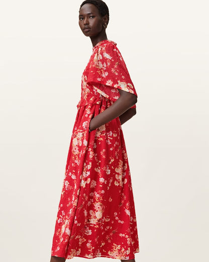 AllSaints Mya Floral Print Shirred Midi Dress Women's Armada Red Women's