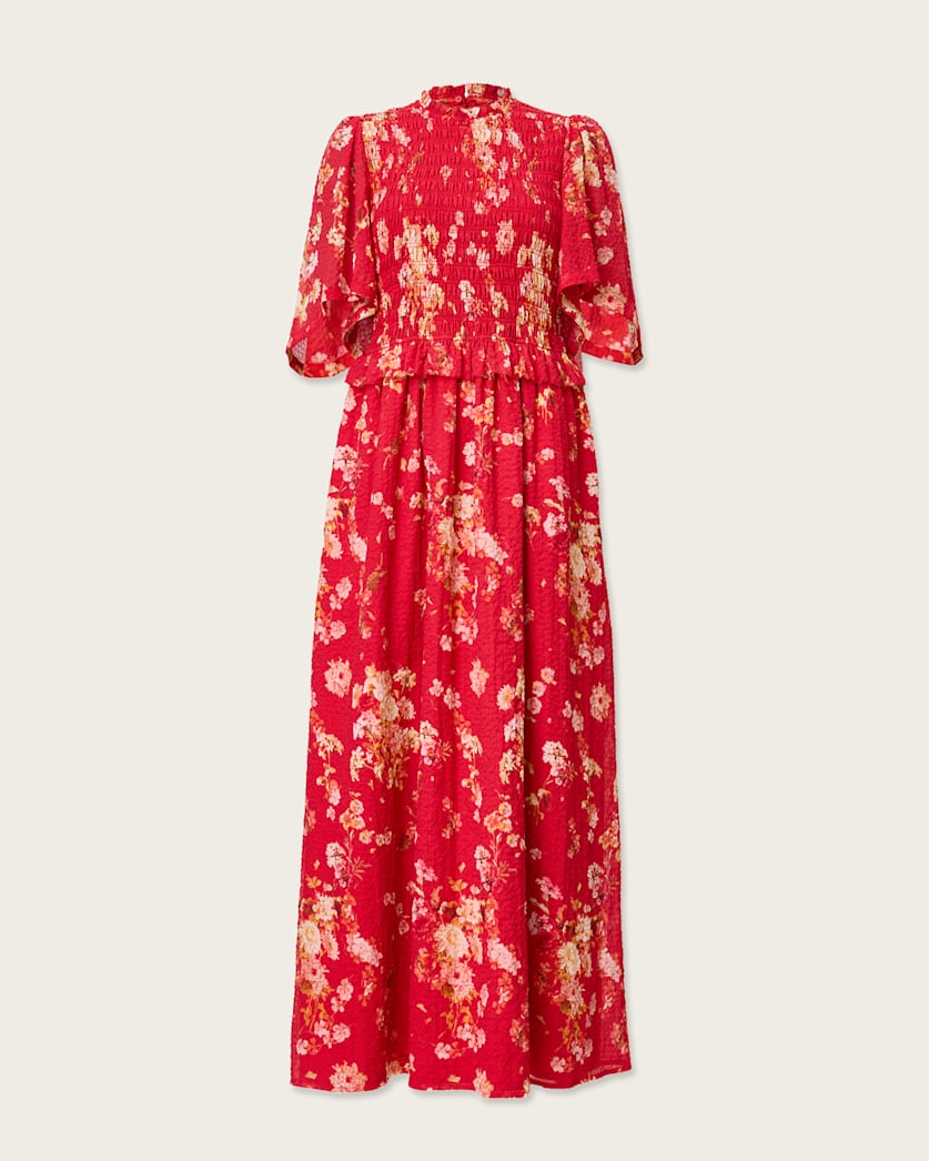 AllSaints Mya Floral Print Shirred Midi Dress Women's Armada Red Women's