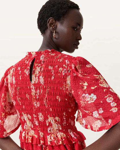 AllSaints Mya Floral Print Shirred Midi Dress Women's Armada Red Women's