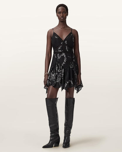 AllSaints Zia Asymmetric Mini Dress Women's Flight Black Women's