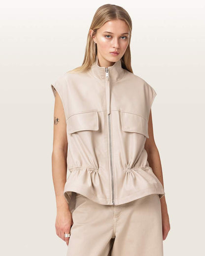 AllSaints Flor Relaxed Fit Leather Gilet Women's Antique White Women's
