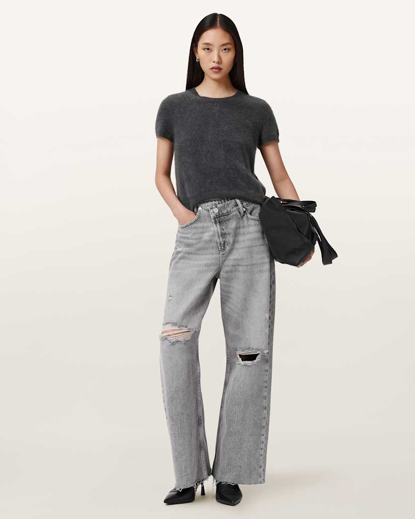 AllSaints Aki Mid Rise Crossover Jeans Women's Destroy Grey Women's