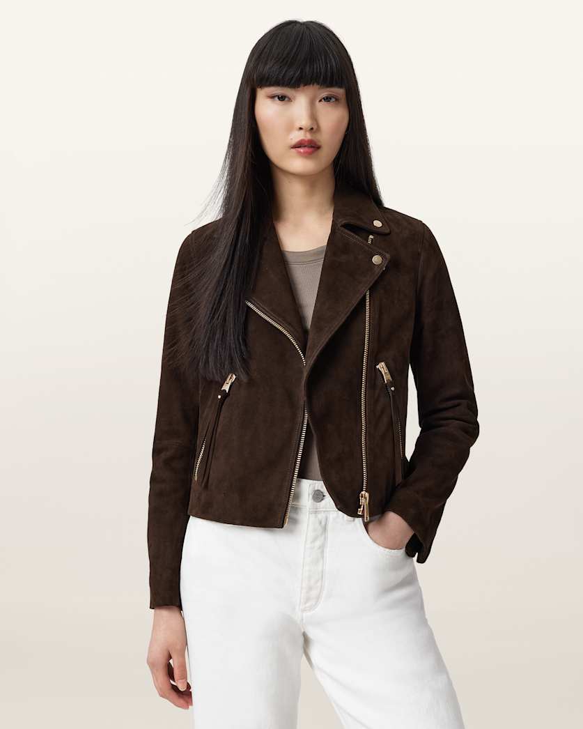 AllSaints Dalby Suede Biker Jacket Women's Fango Brown Women's