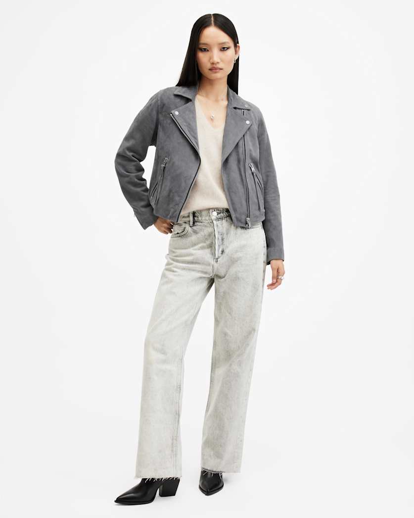 AllSaints Dalby Slim Fit Suede Biker Jacket Women's Ghost Grey Women's
