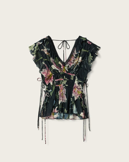 AllSaints Canto Printed Ruffle Tiered Top Women's Crystal/Black Women's