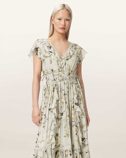 AllSaints Canto Floral Ruffled Maxi Dress Women's Carmel Stem Green Women's