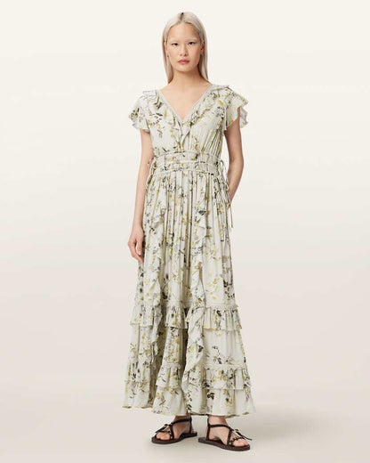 AllSaints Canto Floral Ruffled Maxi Dress Women's Carmel Stem Green Women's