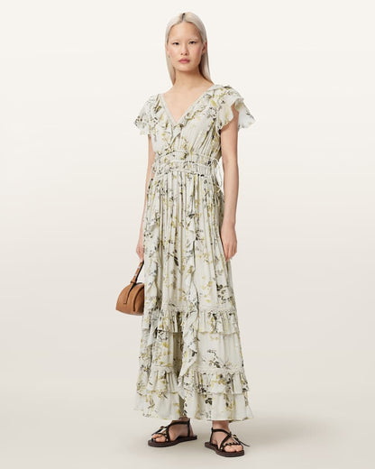 AllSaints Canto Floral Ruffled Maxi Dress Women's Carmel Stem Green Women's