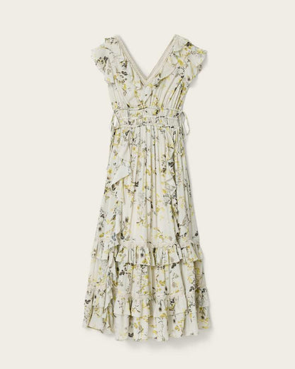 AllSaints Canto Floral Ruffled Maxi Dress Women's Carmel Stem Green Women's