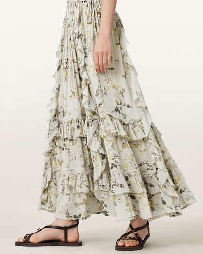 AllSaints Canto Floral Ruffled Maxi Dress Women's Carmel Stem Green Women's