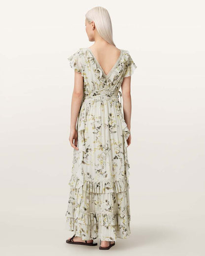 AllSaints Canto Floral Ruffled Maxi Dress Women's Carmel Stem Green Women's
