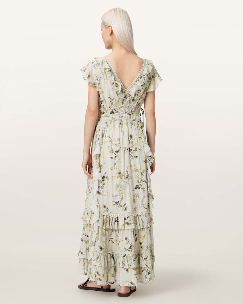 AllSaints Canto Floral Ruffled Maxi Dress Women's Carmel Stem Green Women's