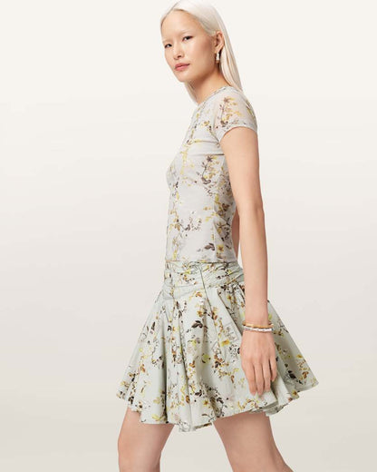 AllSaints Tulip Floral Vouminois Mini Skirt Women's Carmel Stem Green Women's