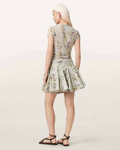AllSaints Tulip Floral Vouminois Mini Skirt Women's Carmel Stem Green Women's