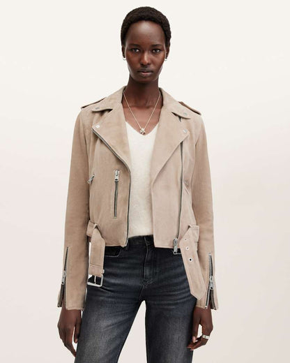 AllSaints Balfern Belted Suede Biker Jacket Women's Warm Taupe Grey Women's