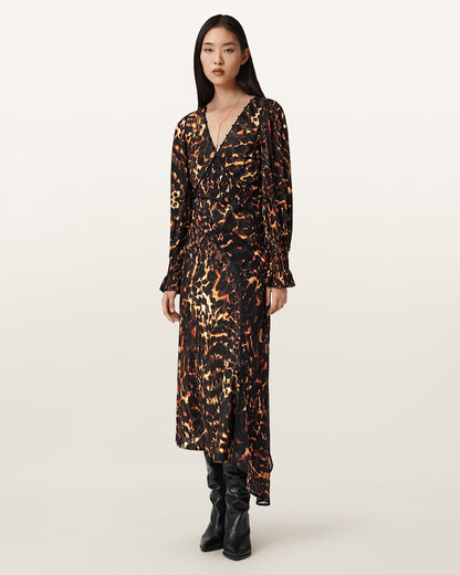 AllSaints Danni Shirr Midi Dress Women's Pardus Flame Brown Women's