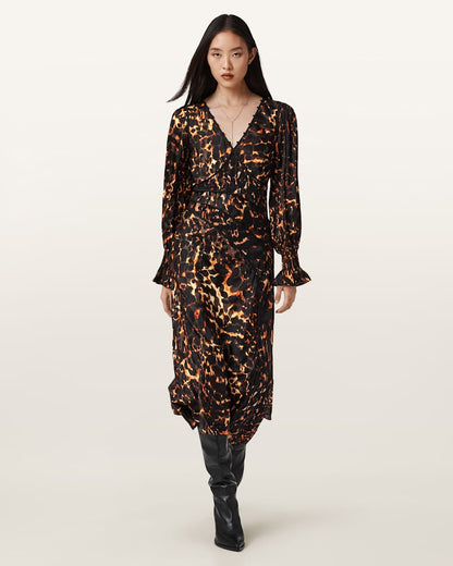 AllSaints Danni Shirr Midi Dress Women's Pardus Flame Brown Women's