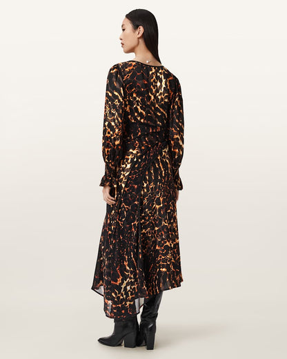 AllSaints Danni Shirr Midi Dress Women's Pardus Flame Brown Women's