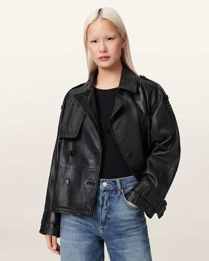 AllSaints Reya Cropped Leather Mac Women's Black Women's