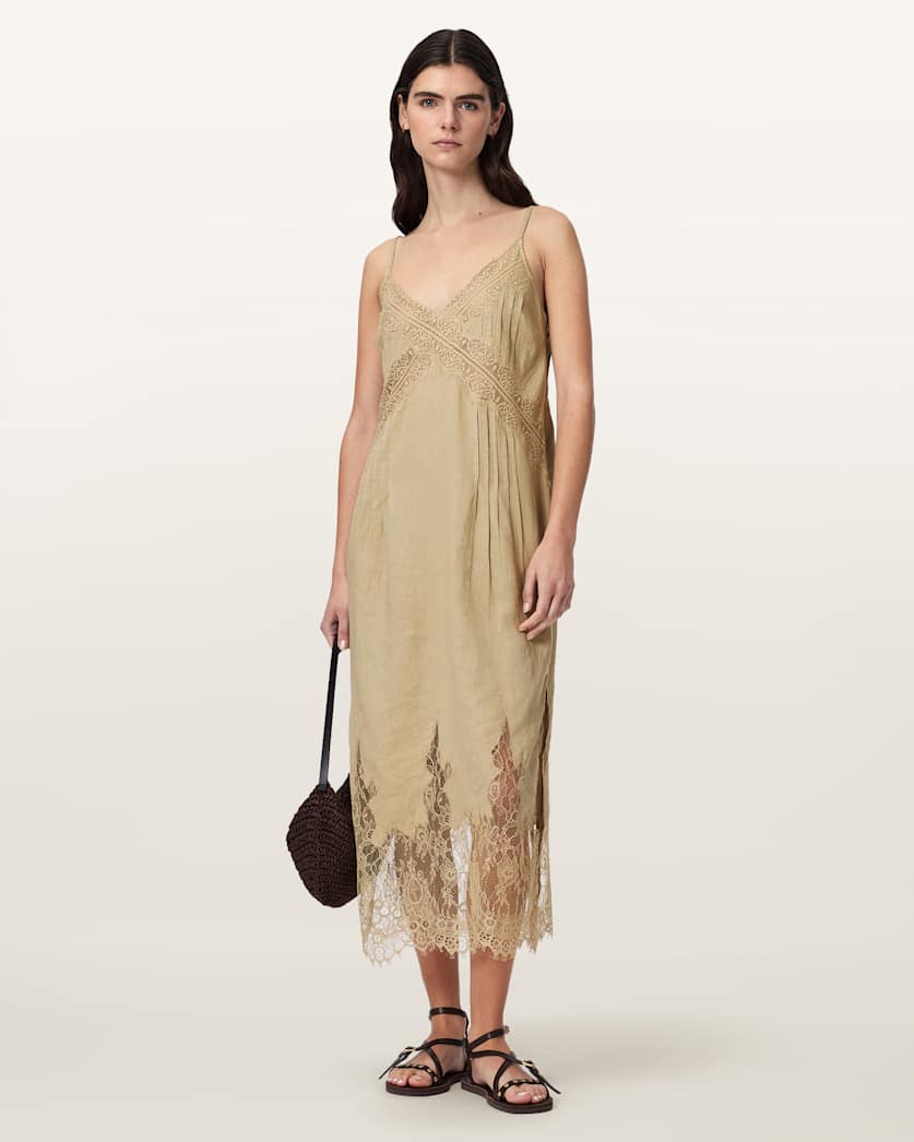 AllSaints Samia Linen Lace Midi Dress Women's Pinto Brown Women's