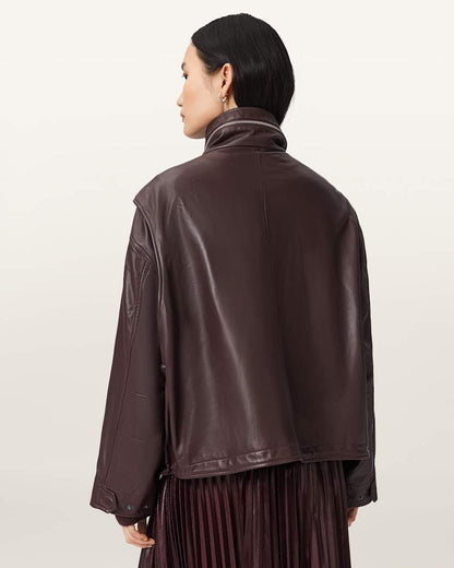 AllSaints Clay Funnel Neck Leather Jacket Women's Oxblood Red Women's