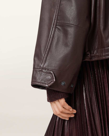 AllSaints Clay Funnel Neck Leather Jacket Women's Oxblood Red Women's