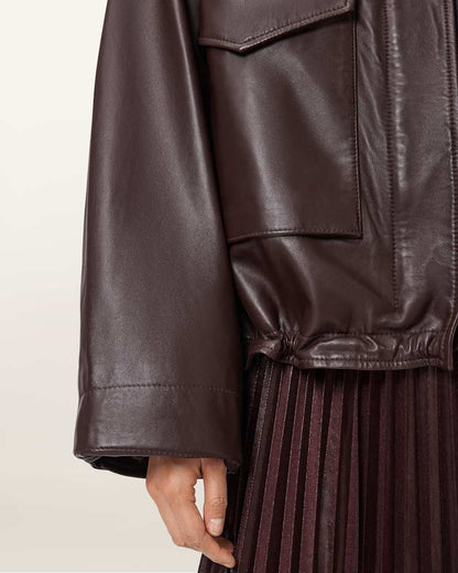 AllSaints Clay Funnel Neck Oversized Leather Jacket Women's Oxblood Red Women's