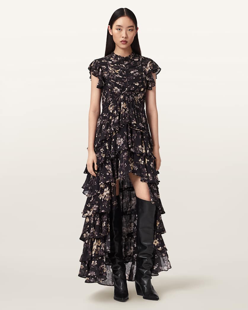 AllSaints Shaela Floral Frill Maxi Dress Women's Vine Black Women's