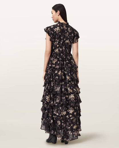 AllSaints Shaela Floral Frill Maxi Dress Women's Vine Black Women's