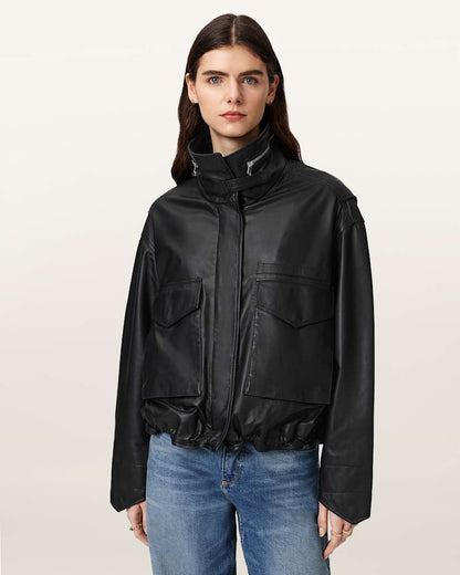 AllSaints Clay Cropped Leather Jacket Women's Black Women's