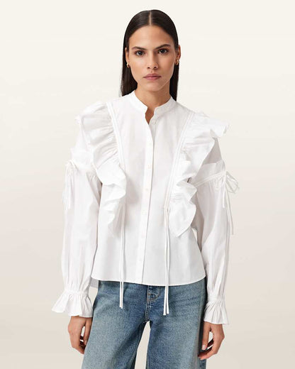 AllSaints Lulu Ruffled Cotton Shirt Women's Optic White Women's