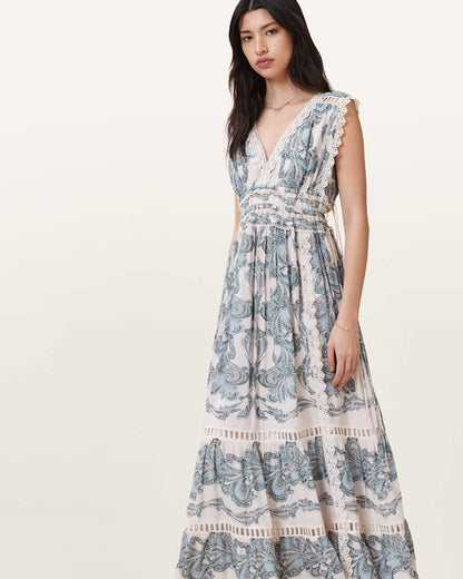 AllSaints Xanthe Lace Trimmed Maxi Dress Women's Lita Soft Blue Women's