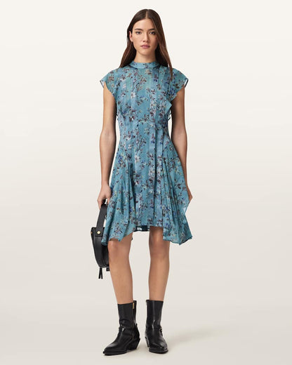 AllSaints Fleur Printed Asymmetric Mini Dress Women's Vine Lake Blue Women's