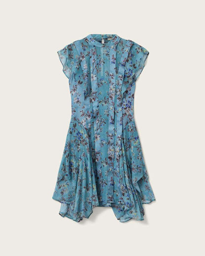AllSaints Fleur Printed Asymmetric Mini Dress Women's Vine Lake Blue Women's