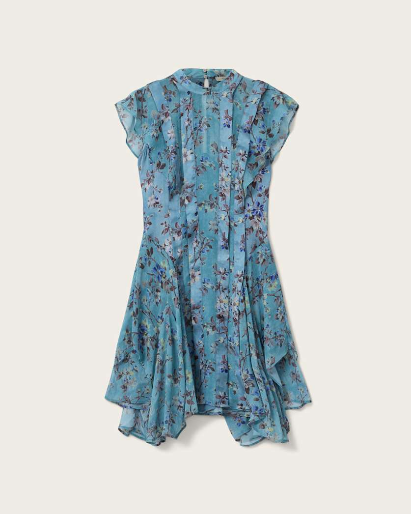 AllSaints Fleur Printed Asymmetric Mini Dress Women's Vine Lake Blue Women's