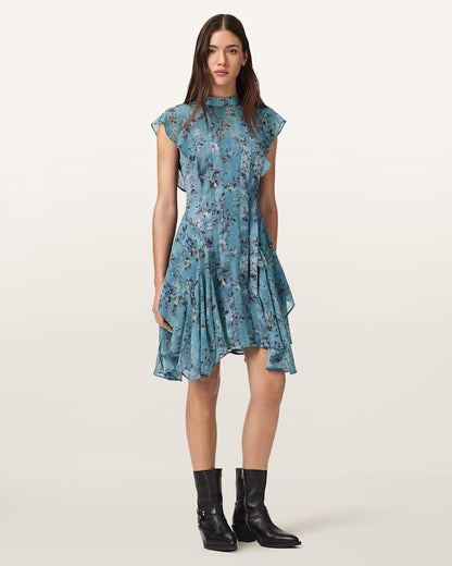 AllSaints Fleur Printed Asymmetric Mini Dress Women's Vine Lake Blue Women's