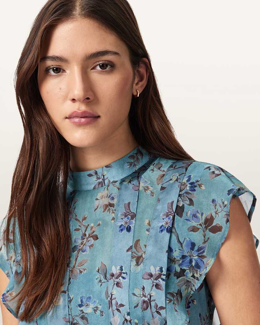 AllSaints Fleur Printed Asymmetric Mini Dress Women's Vine Lake Blue Women's