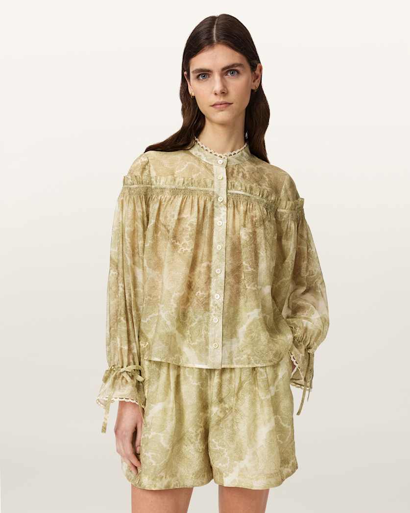 AllSaints Delphine Relaxed Fit Gathered Shirt Women's Joanne Gold Green Women's
