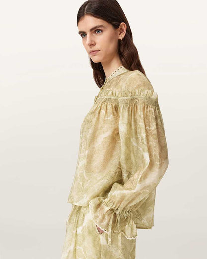 AllSaints Delphine Relaxed Fit Gathered Shirt Women's Joanne Gold Green Women's