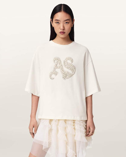 AllSaints Icon Amelie Oversized Embellished T Shirt Women's Optic White Women's