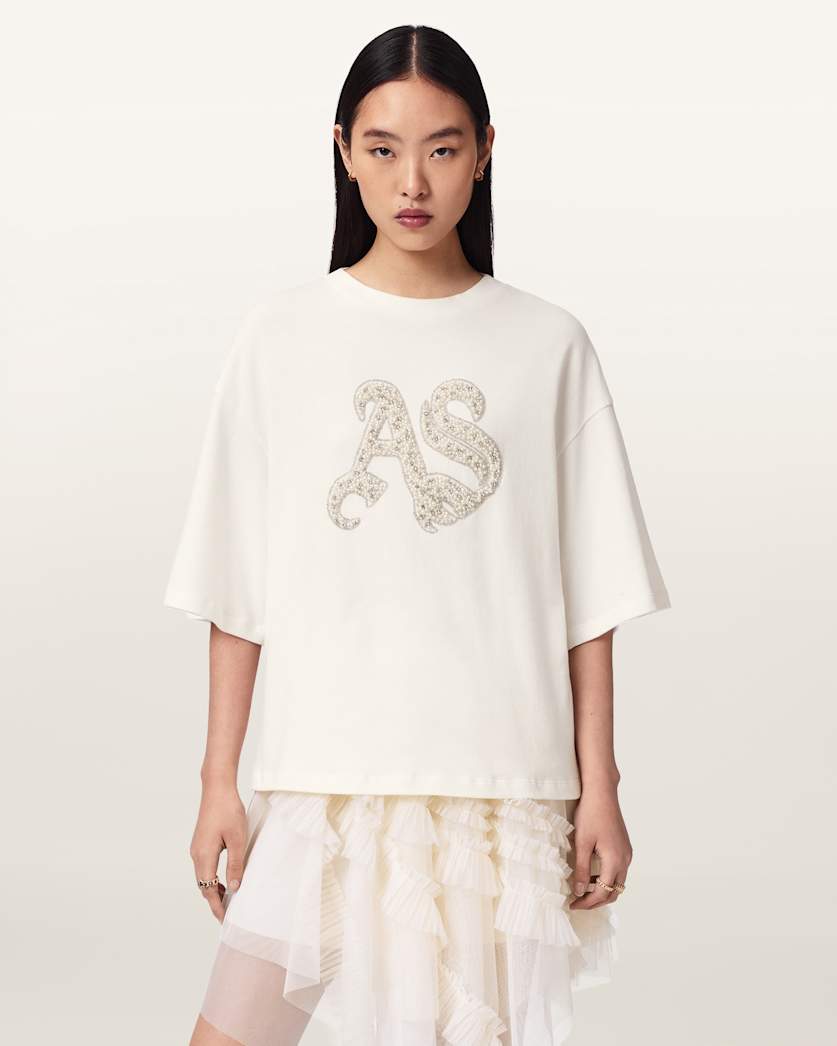 AllSaints Icon Amelie Oversized Embellished T Shirt Women's Optic White Women's