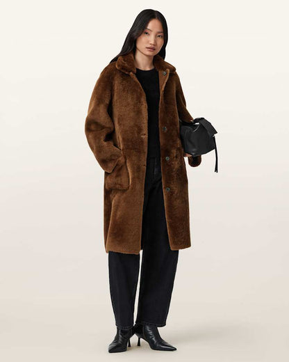 AllSaints Serra Reversible Shearling Coat Women's Conker Brown Women's
