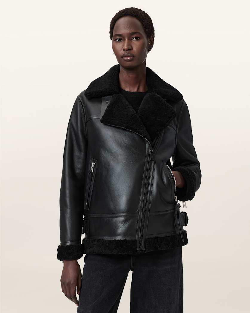 AllSaints Sola Shearling Biker Jacket Women's Black/Natural Women's