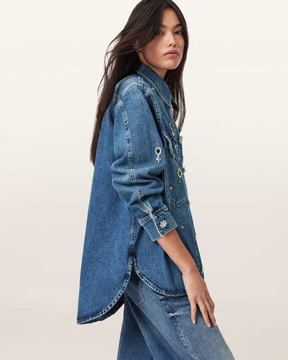 AllSaints Enna Embellished Denim Shirt Women's Vintage Indigo Women's
