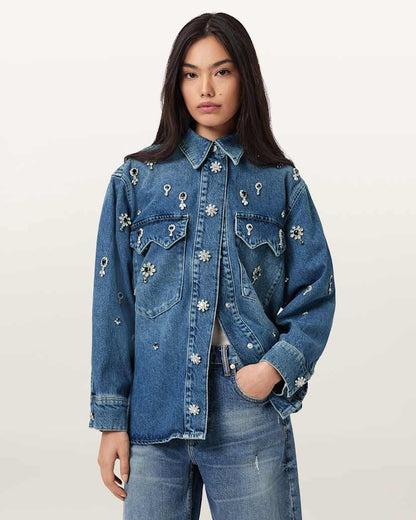 AllSaints Enna Embellished Denim Shirt Women's Vintage Indigo Women's