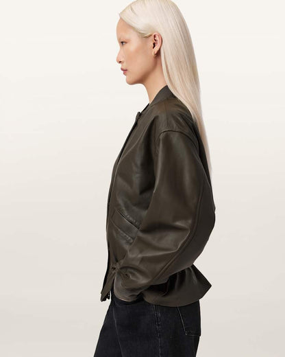AllSaints Sofi Leather Bomber Jacket Women's Military Green Women's