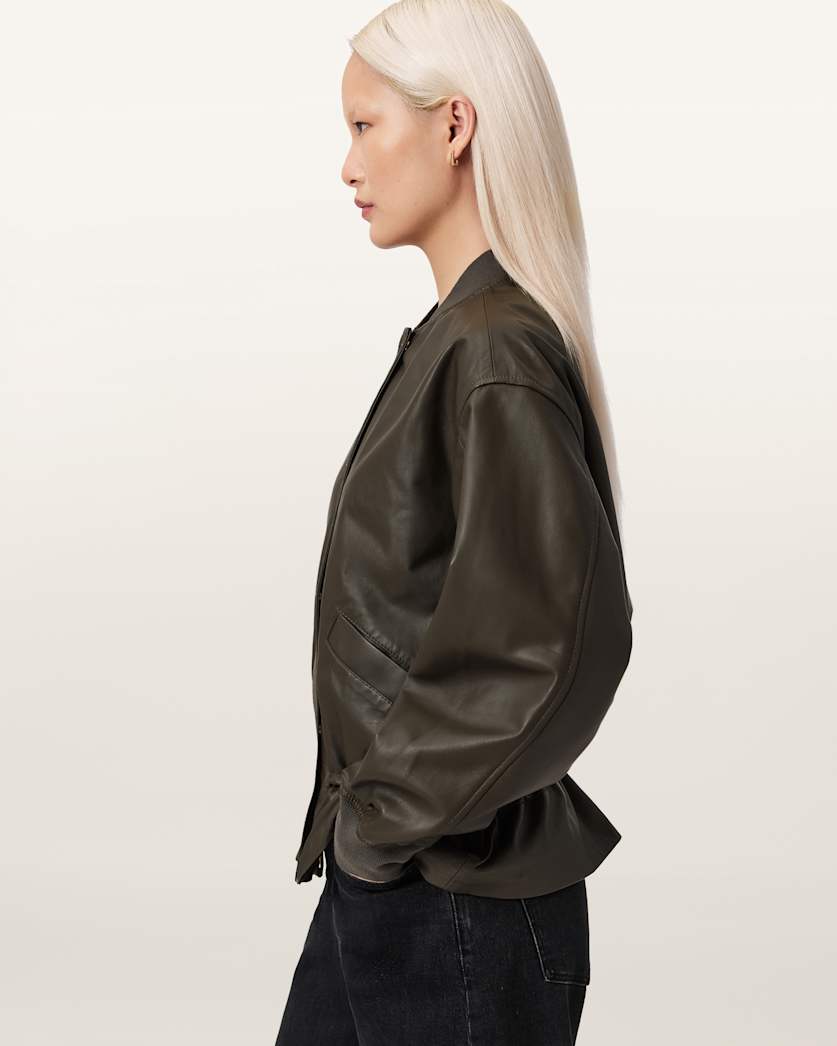 AllSaints Sofi Leather Bomber Jacket Women's Military Green Women's