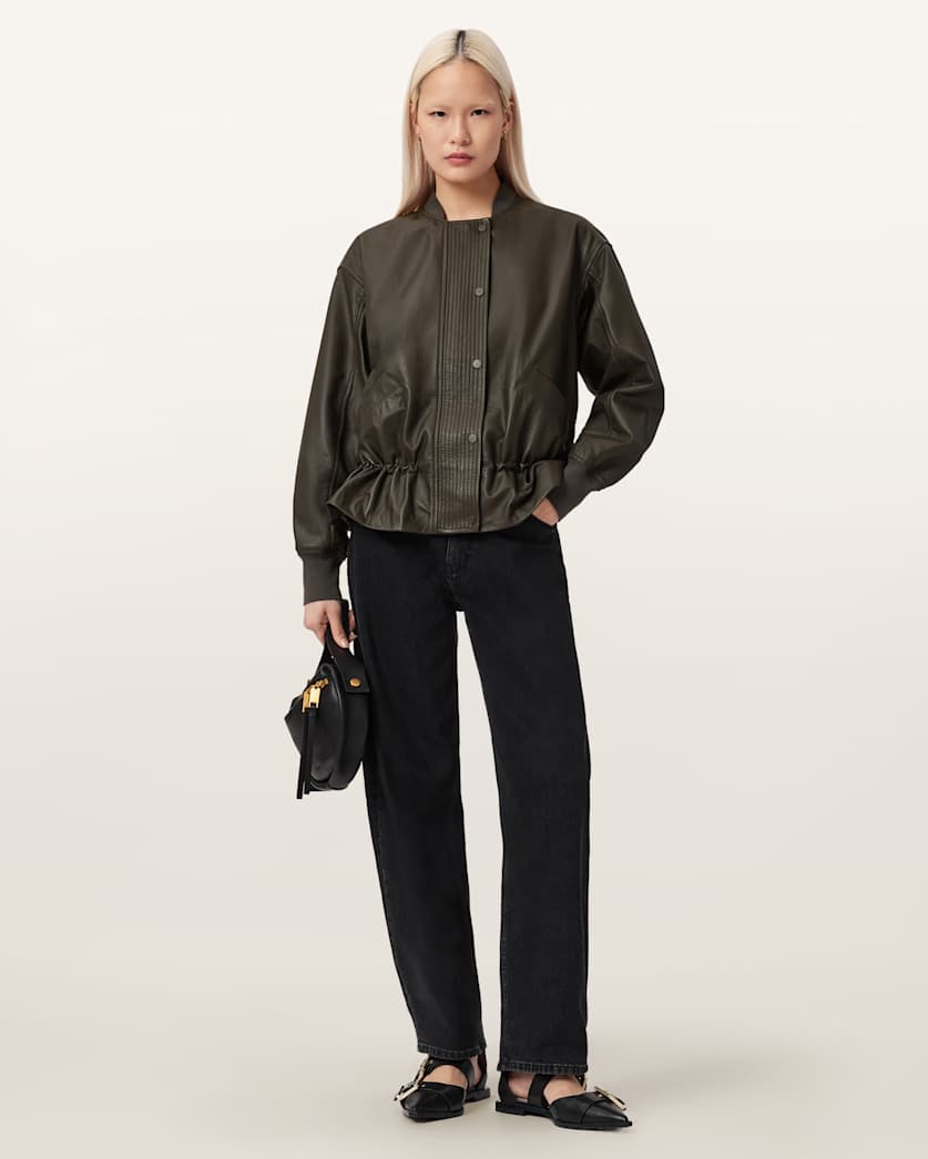 AllSaints Sofi Leather Bomber Jacket Women's Military Green Women's
