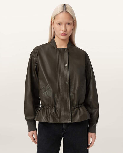 AllSaints Sofi Leather Bomber Jacket Women's Military Green Women's