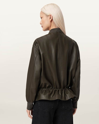AllSaints Sofi Leather Bomber Jacket Women's Military Green Women's